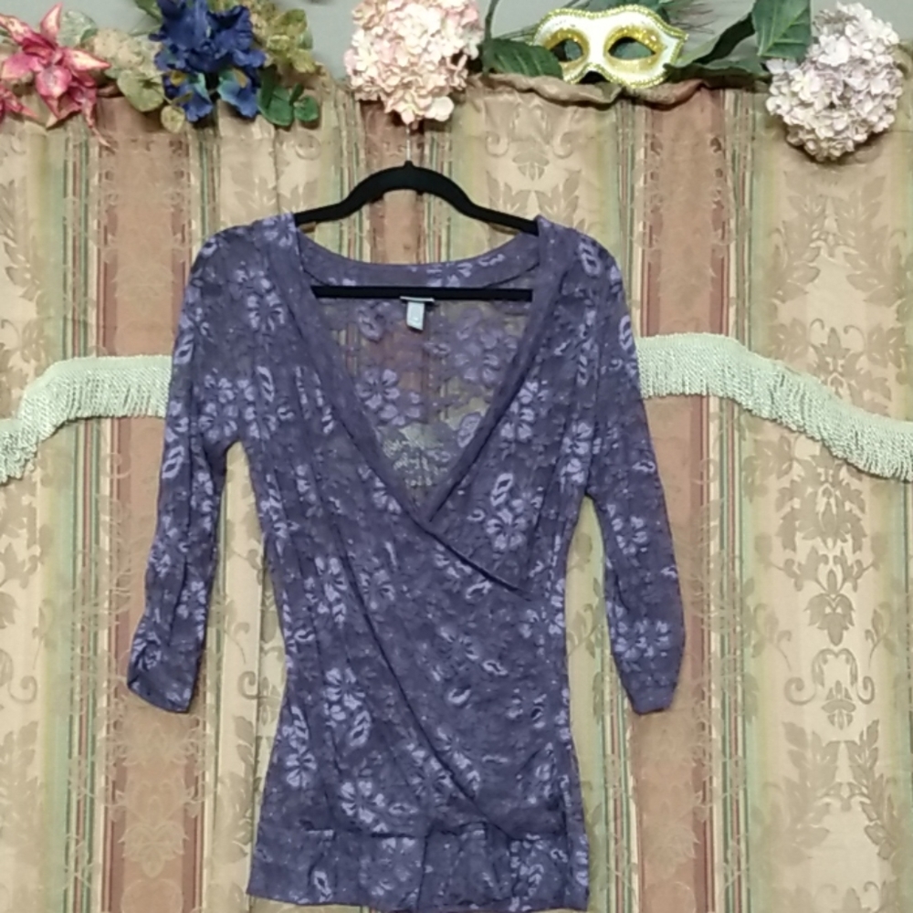 (Vanity Essentials) Sheer Purple Faux Wrap Top- M